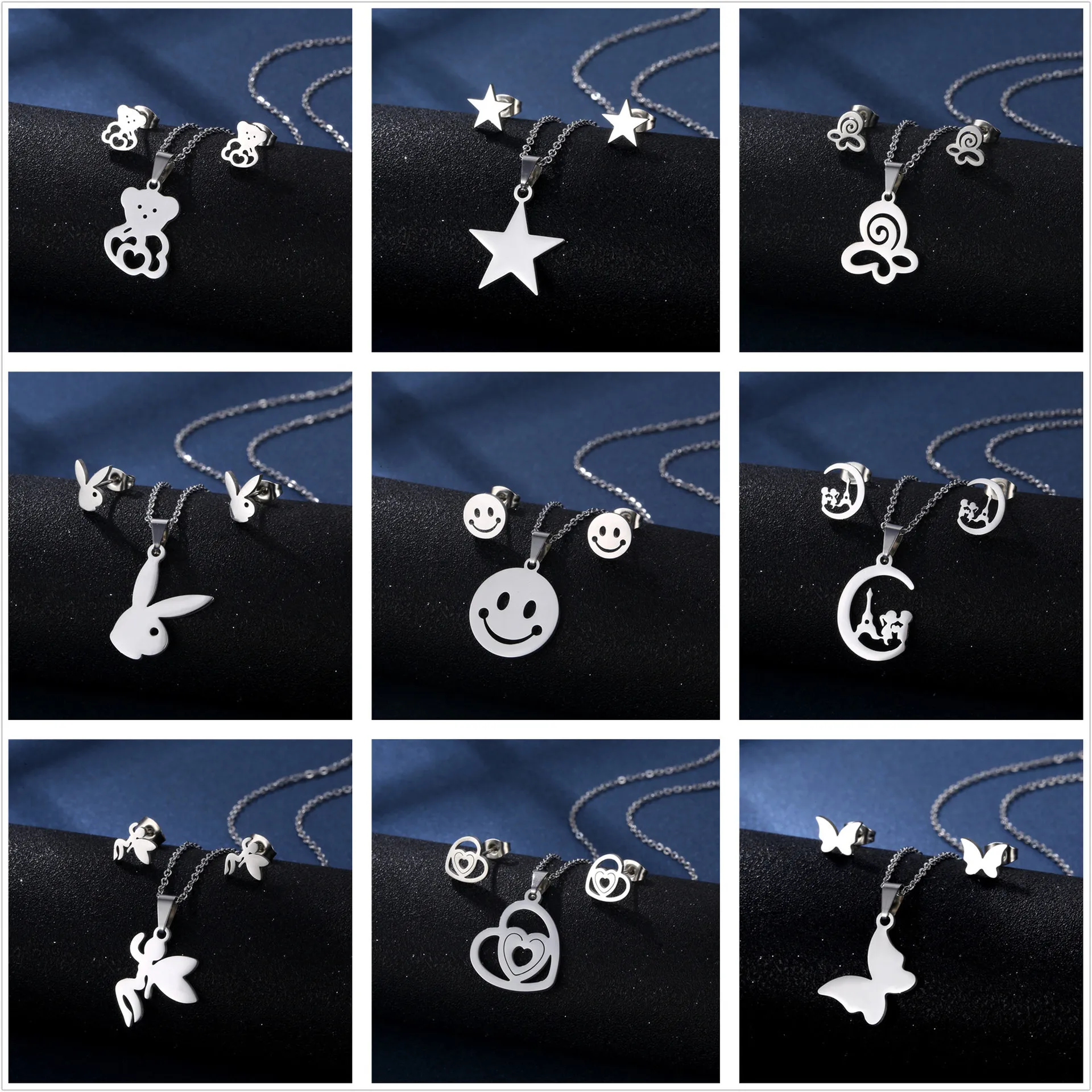 

WANGAIYAO new simple stainless steel necklace earring set female geometric birthday anniversary love bear two-piece female gift