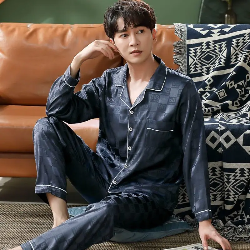 Pajamas Men's Ice Silk Spring and Autumn 2023 New Long Sleeve Youth Summer Thin Men's Silk Home Suit