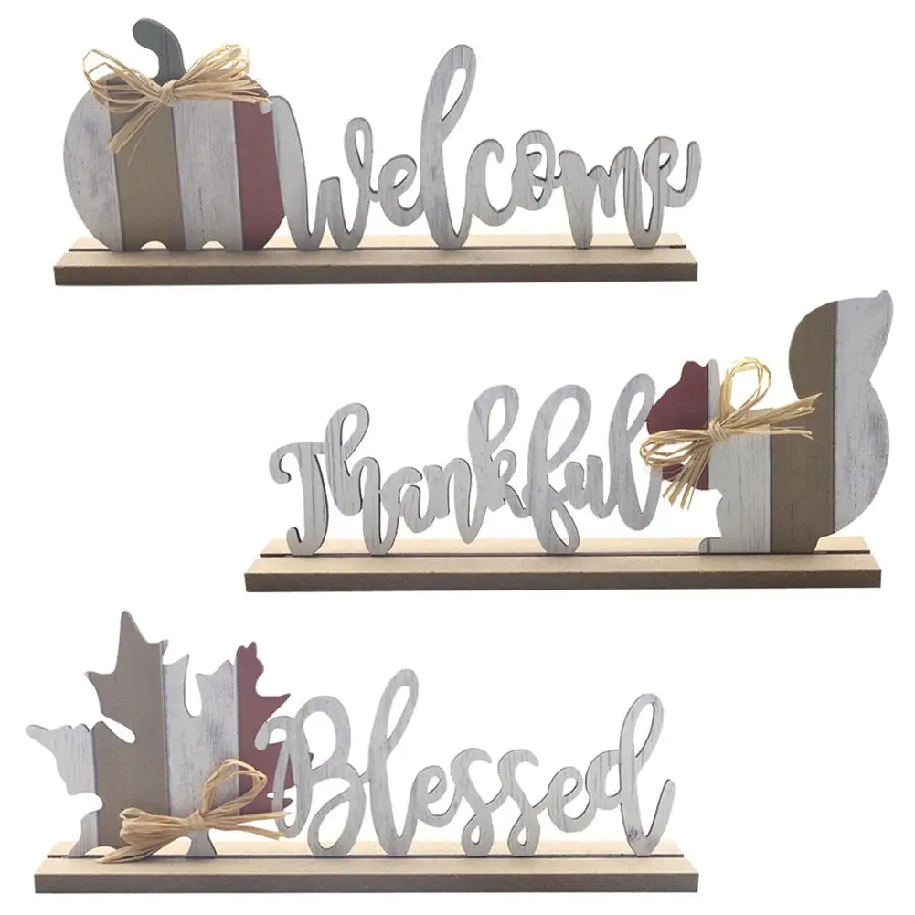 

3pcs Wooden Welcome Sign Fall Pumpkin Squirrel Maple Leaves Table Ornaments For Thanksgiving Home Farmhouse Decor