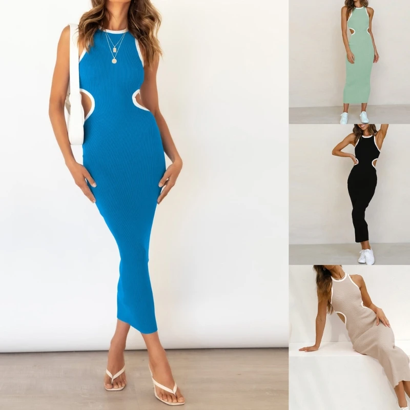 

95AB Sexy Ruched Crewneck Dress Bodycon Tanks Sleeveless Dresses Streetwear High Waisted Insgram Style Clothing for Women