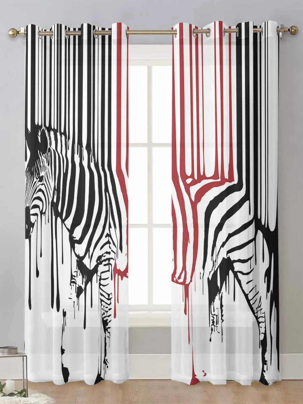 

Funny Animal Zebra Paint Black White Red Sheer Curtains For Living Room Window Voile Tulle Curtain Cortinas Drapes Home Decor