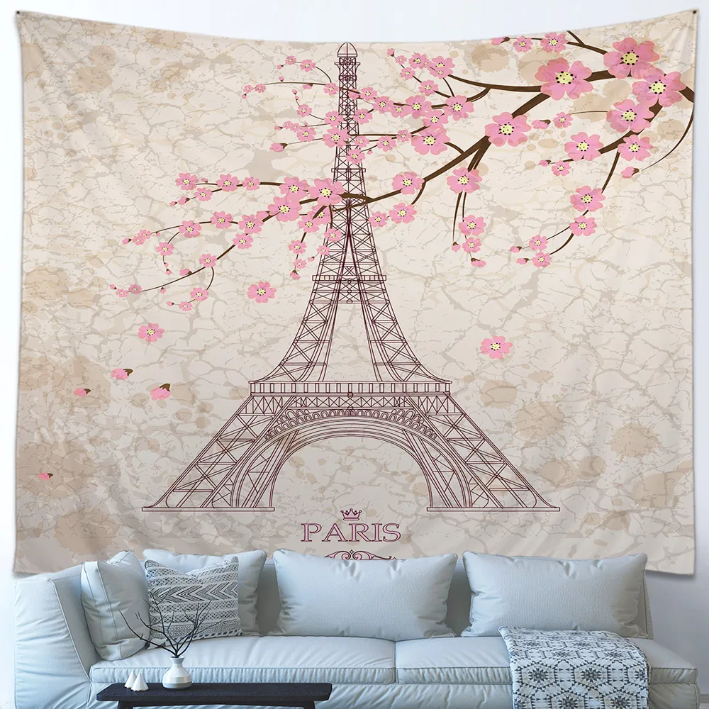 Винтажный гобелен в стиле Парижской башни черно-белый архитектурный красный