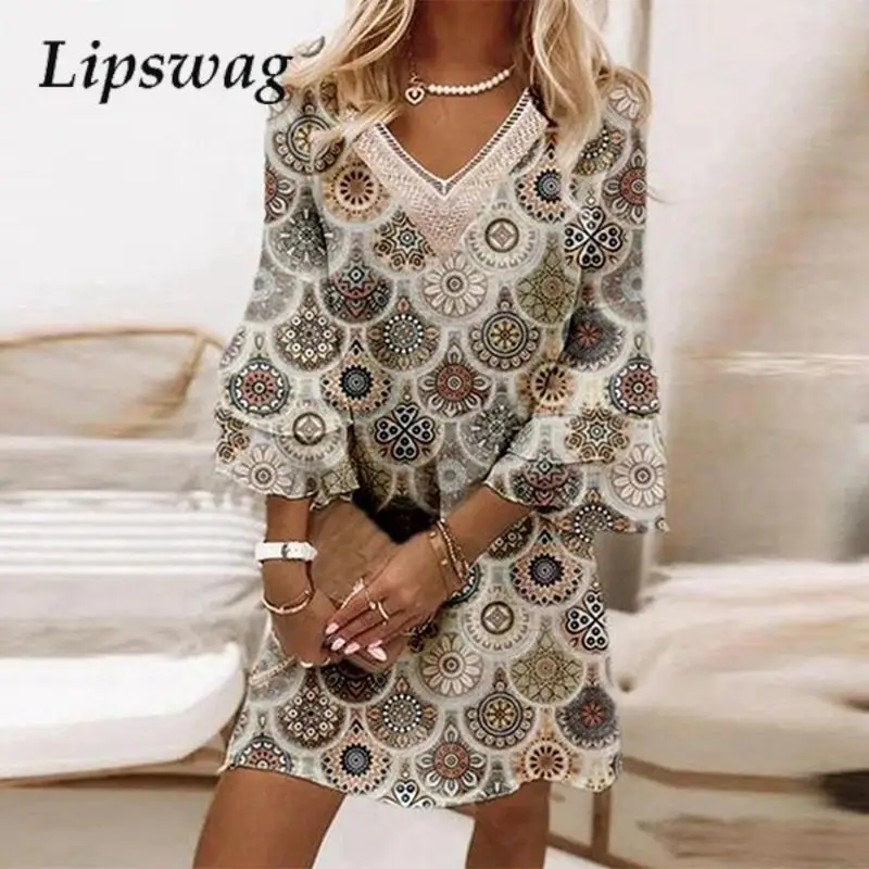 

Elegant Pattern Printed Split Sleeve Dress Women'S Fashion Pleated Flared Sleeve Dress Sexy V-Neck Stitching Party Mini Dresses