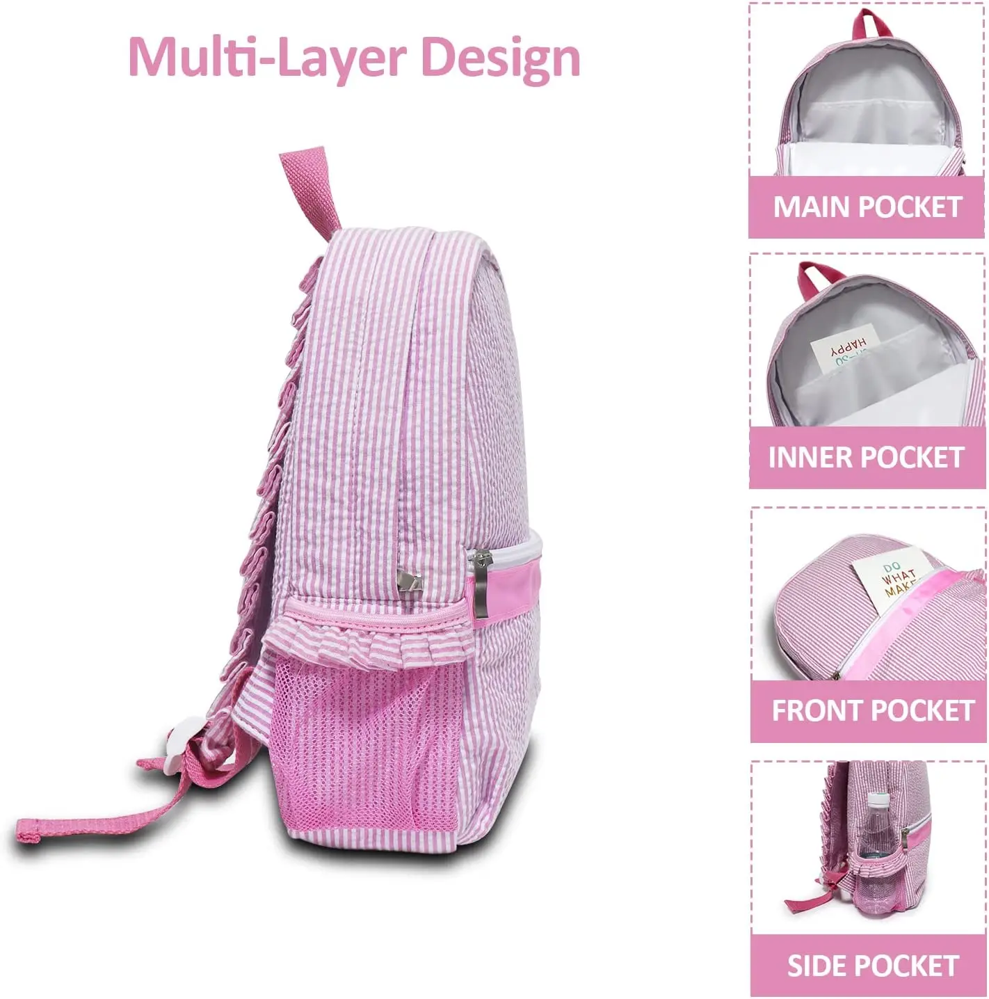 Children Ruffle Seersucker Backpacks Set With Cosmetic Bag Pink Ruched Kids Backpack Light Soft For School Bags Travel Weekend
