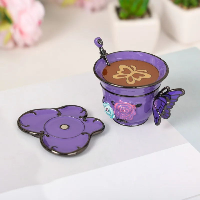 Vintage style Hand Painted Two Piece Set Coffee Cup with Flowers and Butterfly Trinket Box