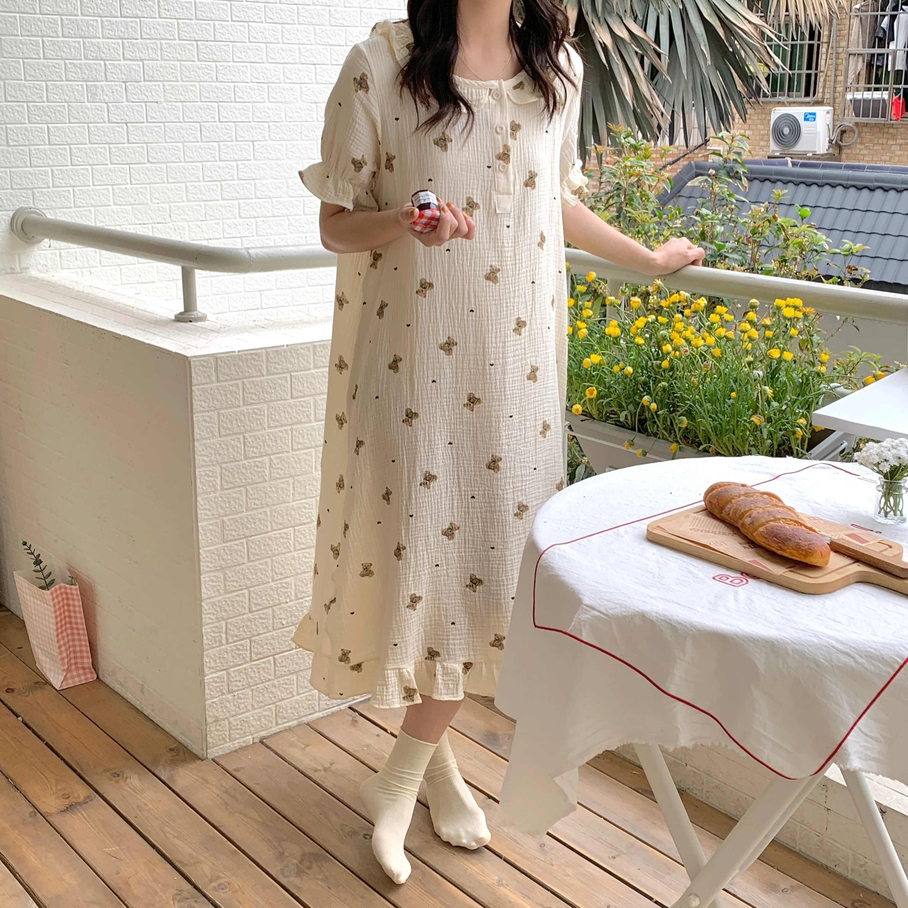 

Bear Print Summer Nightgown Women Short Sleeve Long Dress Sleepwear Home Clothes Kawaii Cotton Gauze Crepe Nightdress chic D412