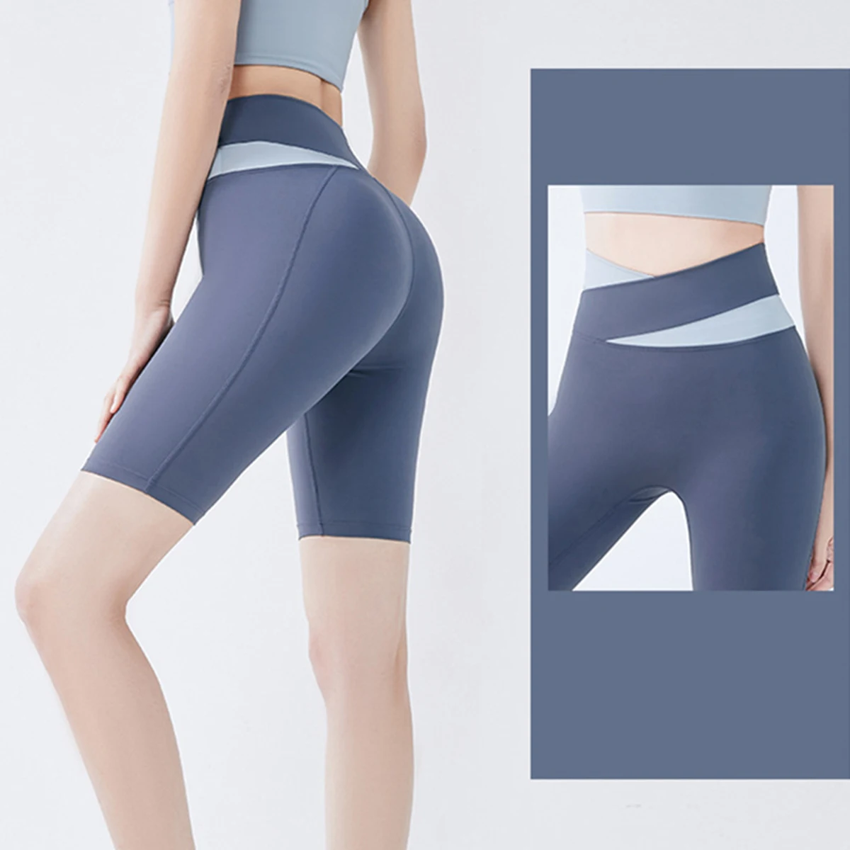 

Women Tight Yoga Short Pant Stitching Color 2 Piece Set High Waist Fitness Gym Workout Exercise Running Leggings Lady Sportswear