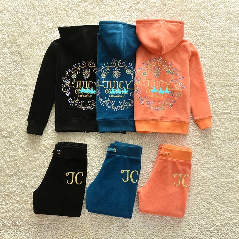 

Juicy Spring/Fall Velvet Fabric Tracksuit for little Girl Clothing Velvet Cloth Children Suit Velor Sweatshirts Pants Track Set