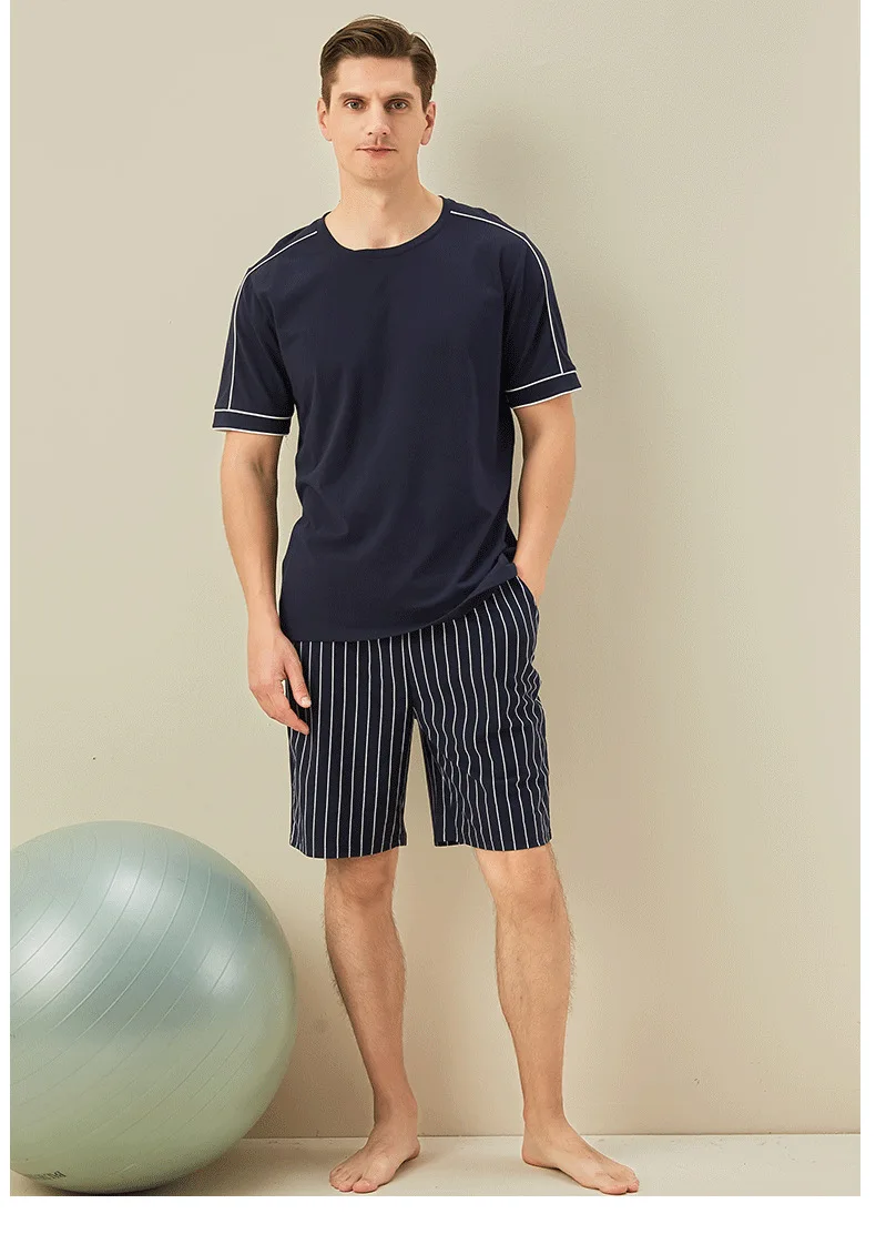 Knitted Cotton Men's Pajamas Two Piece Set Stripe Short-sleeved Top Shirt Loose Casual Shorts Home Clothes Sleep Wear Men Pajama