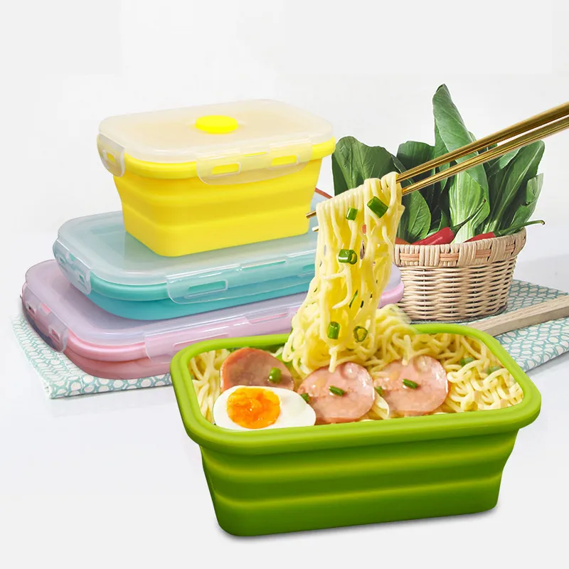 Silicone Collapsible Lunch Box Food Storage Container Microwavable Portable Bowl Picnic Camping Fold Rectangle Outdoor Bento Box