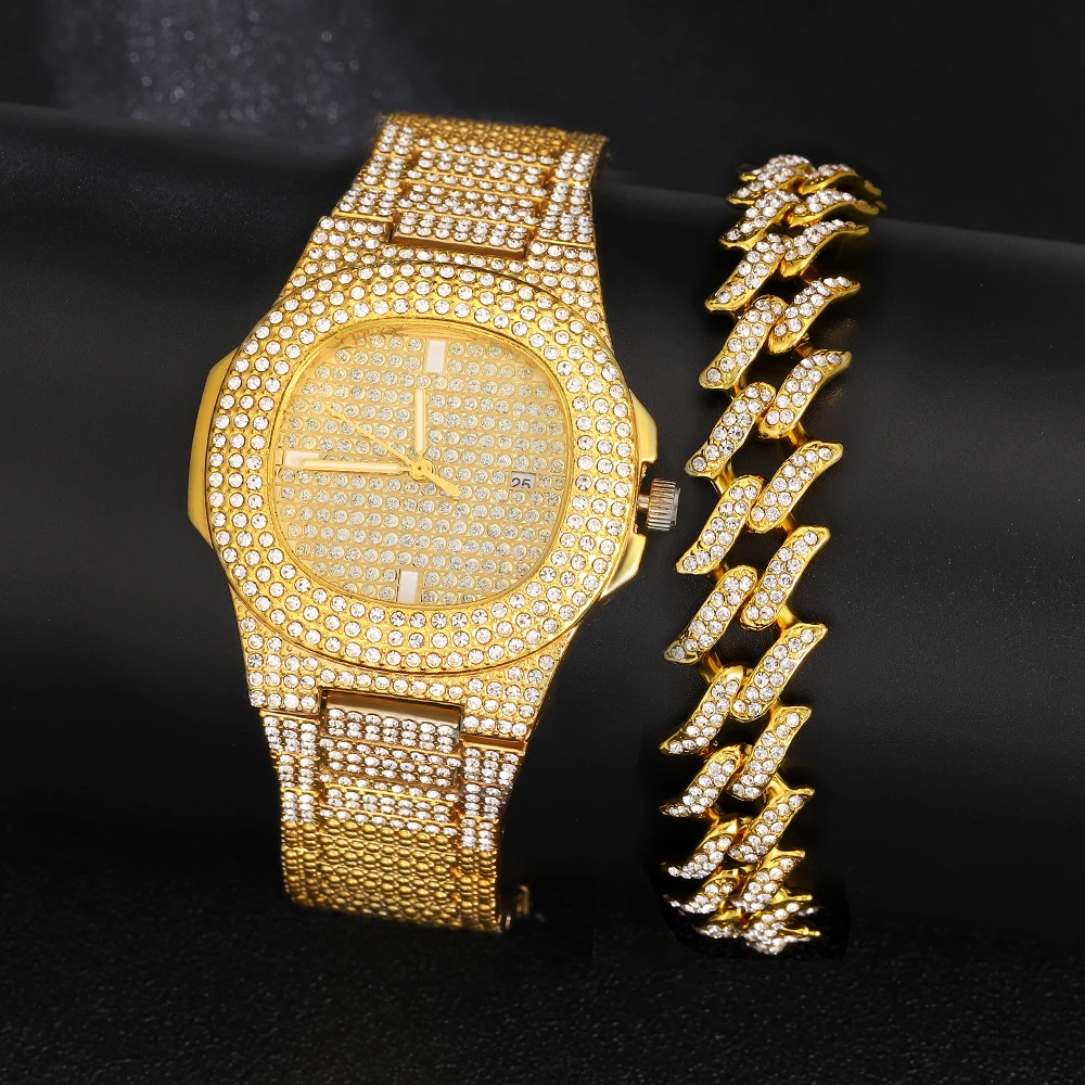 2022 Iced Out Watch Bracelet Necklace Suit for Women Mens Watch New Big Cuban Chain Hip Hop Jewelry Set Rhinestone Men Gift images - 6