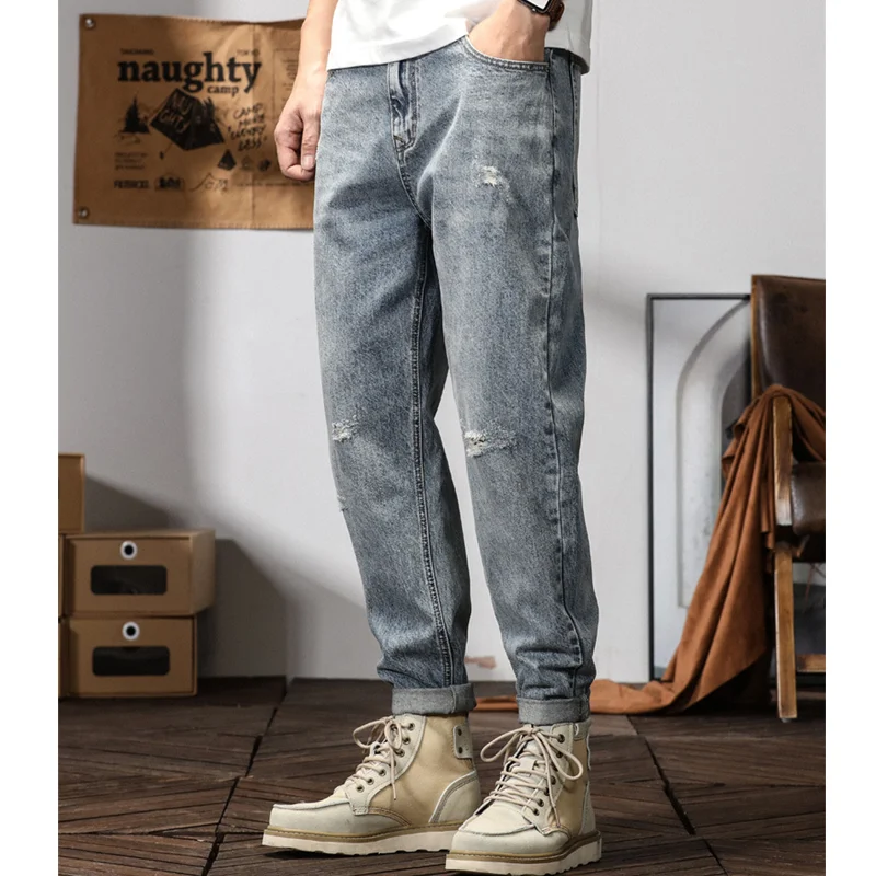 Men Clothing Autumn and Winter New Straight Loose Versatile Cylinder Jeans Vintage Comfortable Blue Ripped Harun Trousers Female