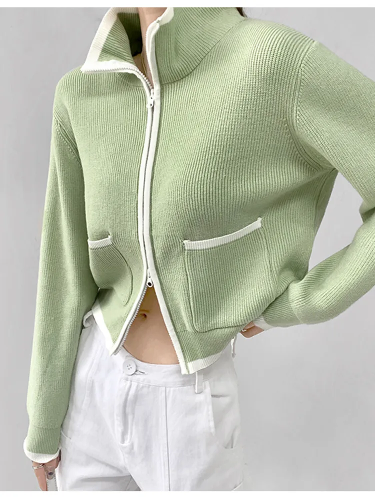 

Женский Мягкий Вязаный Кардиган GAGA на двойной молнии с высоким воротником, свитер, женский свободный короткий свитер с длинным рукавом, пал...