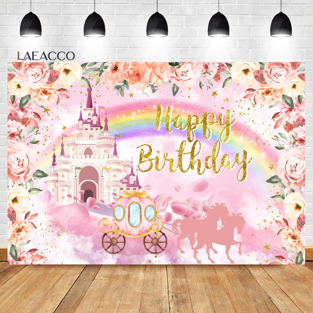 

Laeacco Pink Royal Castle Carriage Floral Rainbow Background Princess Birthday Party Portrait Customized Photography Backdrop