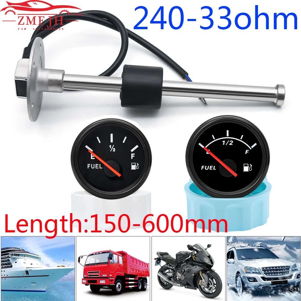 

240-33 Ohm 52mm Fuel Level Gauge+Fuel Level Float Sensor 150-600mm Oil Tank Level Meter Indicator with Red LED Boat Car 9-32V