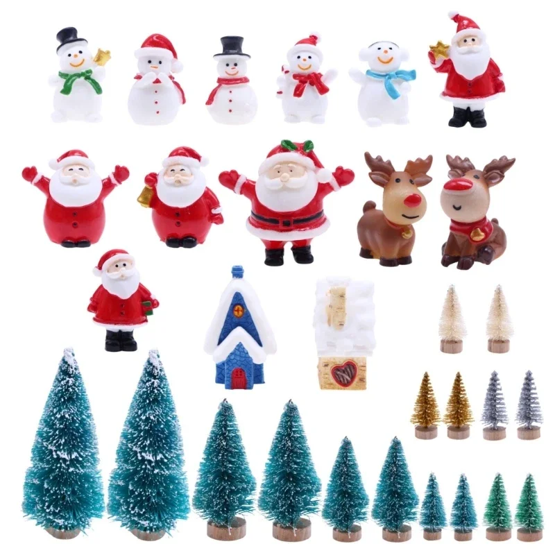 

Miniature Dollhouse Christmas Scene Ornaments Set Snowmen Santa Reindeer Santa Pine Set for Realistic Play for Children