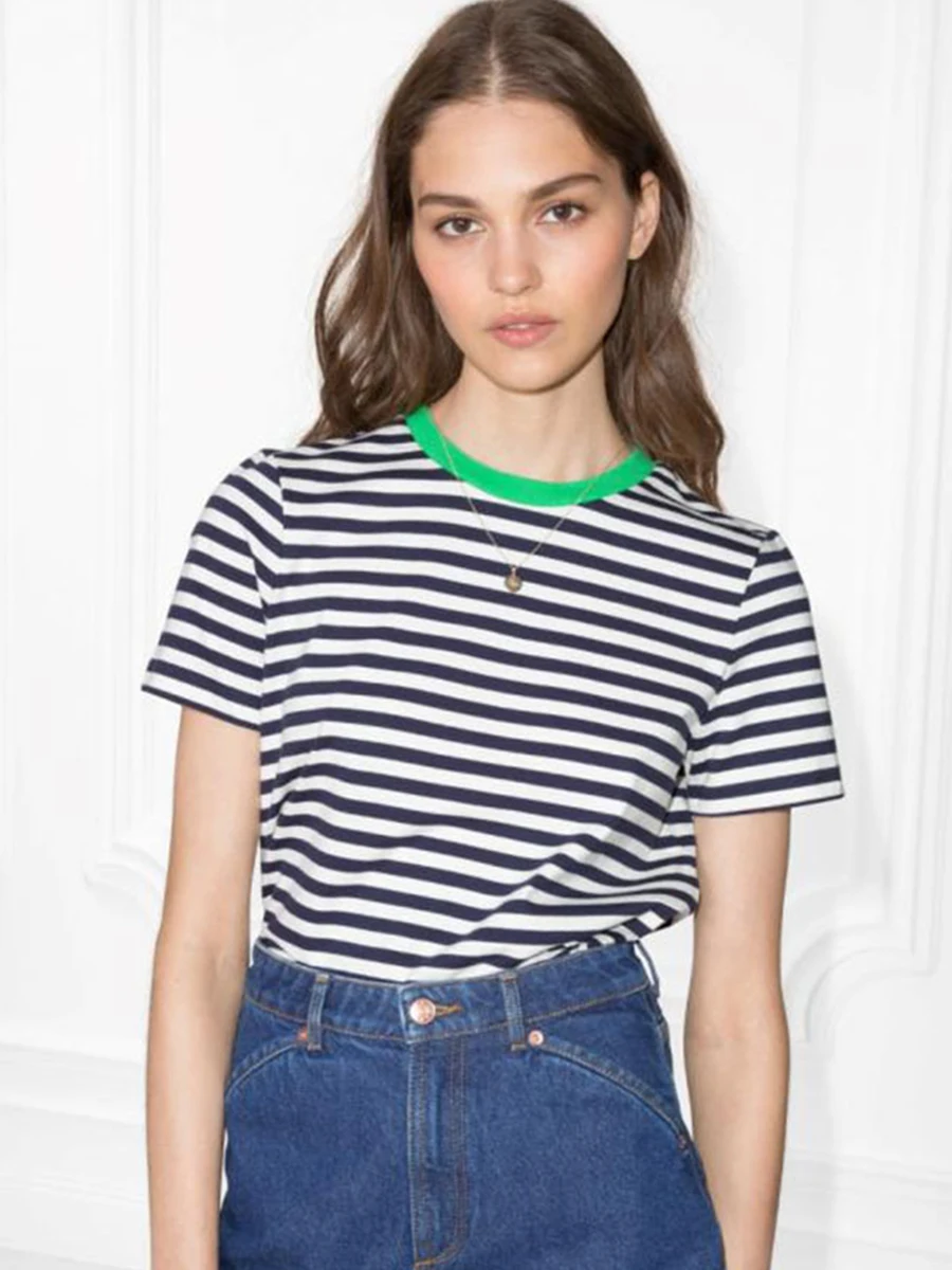 Лоскутная полосатая футболка хлопковая с круглым вырезом летние женские