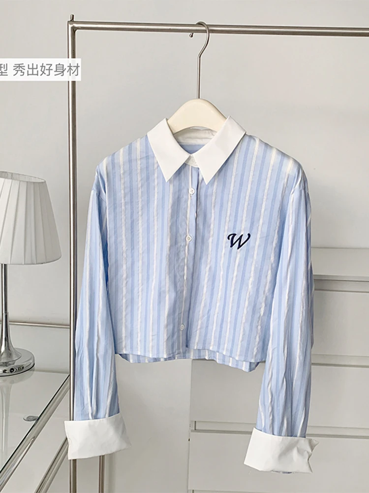 

Autumn Summer Women New Vintage Striped Turn-down Collar Design Short Blouses Baggy Long Sleeve Embroidery Female Crop Shirt
