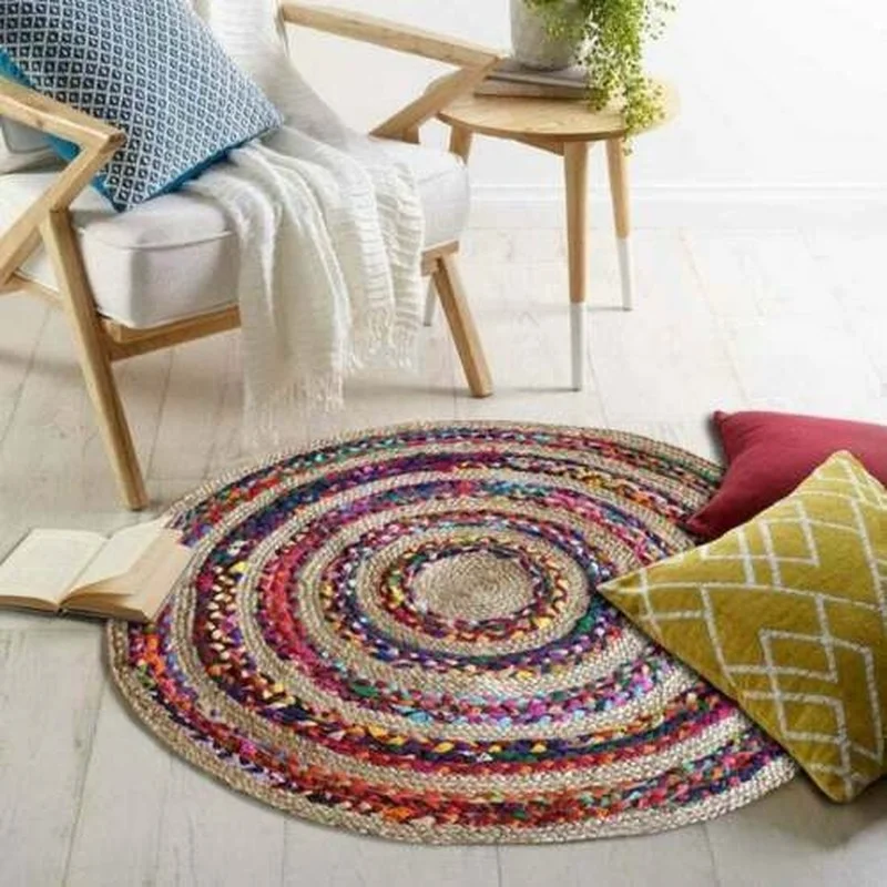 

Round Rugs Vintage Reversible Rag Rug Jute Cotton Bohemian Area Dhurrie Boho Mat