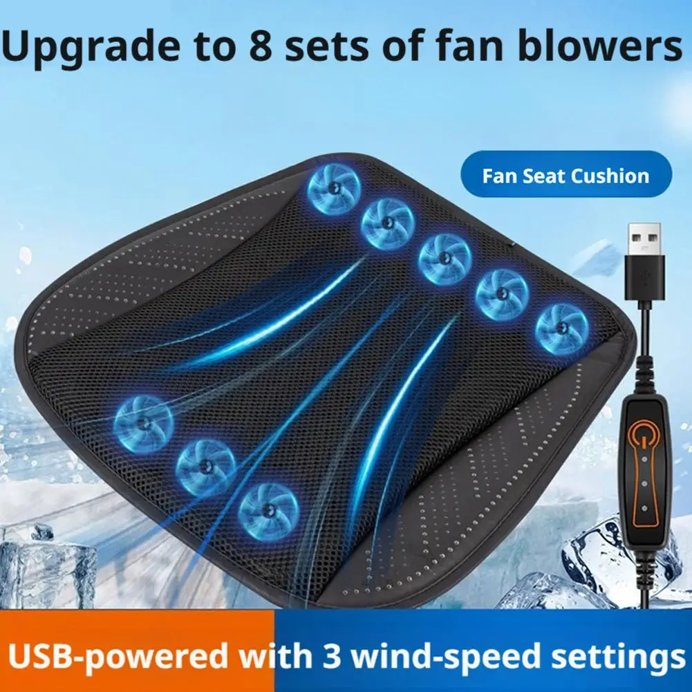Фото Охлаждающая подушка для сиденья USB с 5/8 вентиляторами, 3 скорости, дышащая, из ледяного шелка, вентилируемая, для лета, автомобиля, офиса, дома, вождения №2