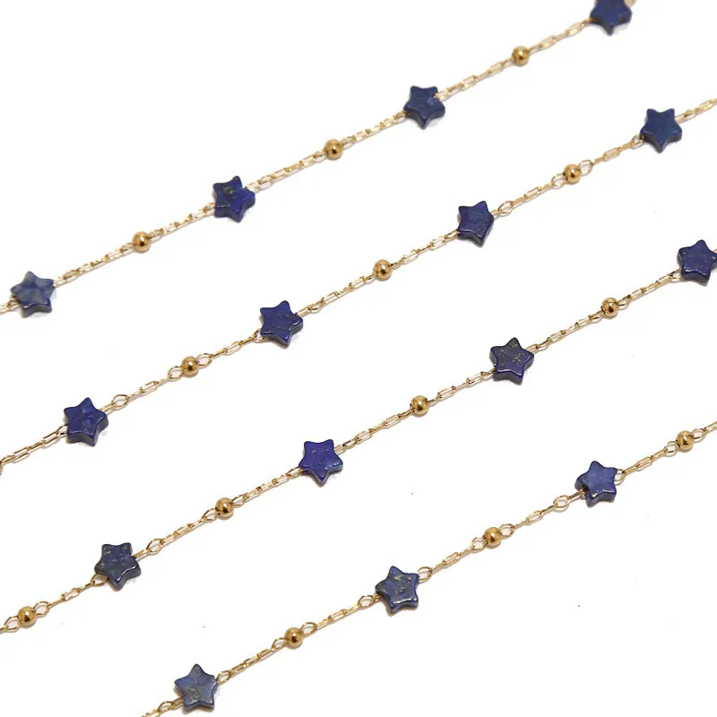 1 Meter Stainless Steel Gemstone Healing Beaded Chain Lapis Lazuli Star Natural Stone Satellite Chains for DIY Necklace Making