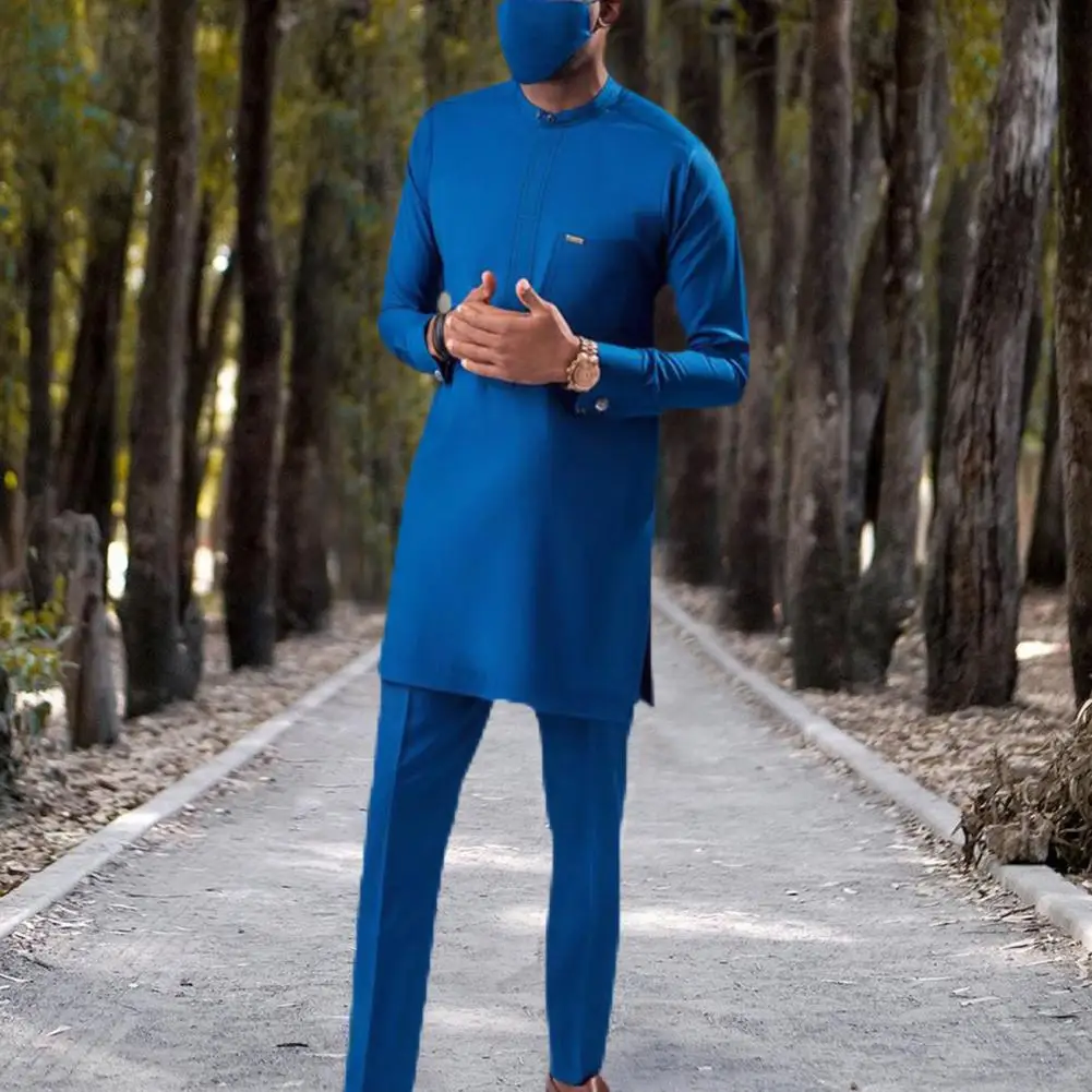 2 Pcs/Set African Men Suit Good Anti-wrinkle Patch Pockets Men Clothing Autumn Men Suit Spring African Men Suit