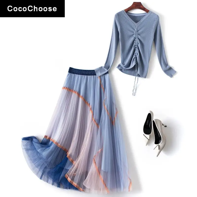 

Bow Gown Gauze Dress Sets Summer 2022 Ruched V-neck Long Sleeve T-shirt Top + Color Block Mesh Skirt Girls Women Two Piece Sets