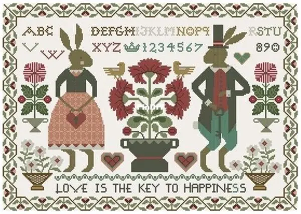 Cross stitch Handmade 14CT Counted Canvas DIY,Cross-stitch kits,Embroidery girls rabbit couple - love is the key 60-45