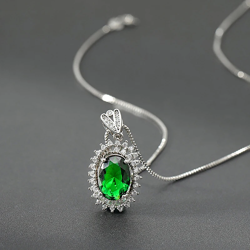 

925 Silver Water Drop Shape High Elegant Green Oval Zircon Pendant Necklace Sparkling Party Fine Jewelry Gifts for Women