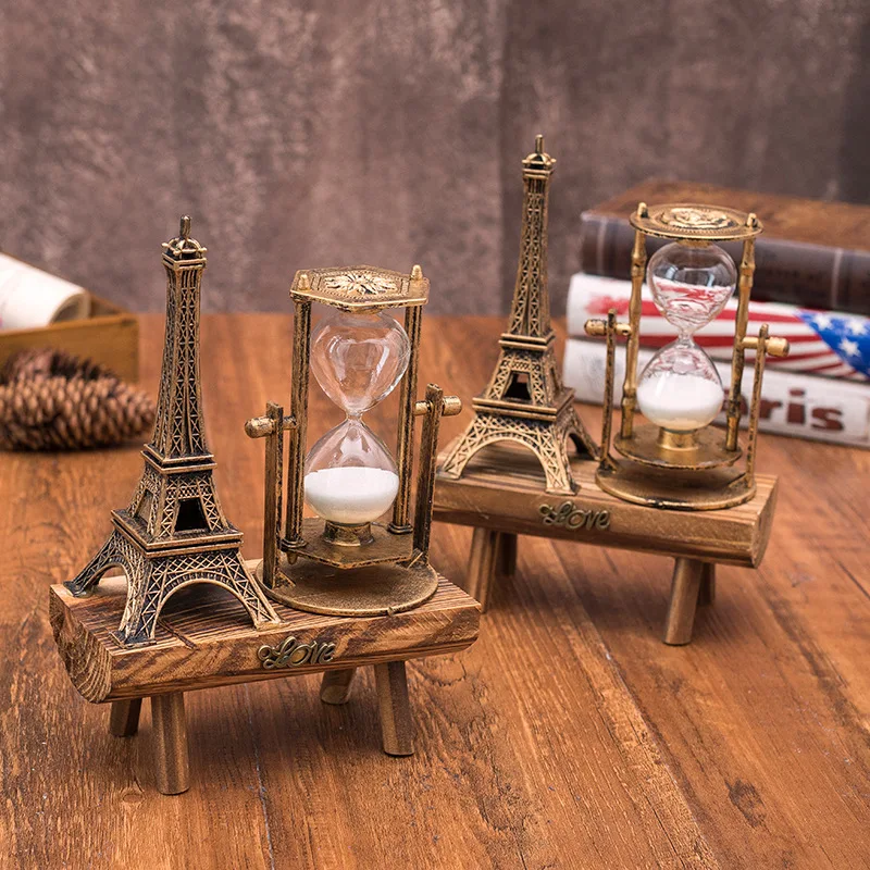 

Creative Gifts Retro Eiffel Tower Hourglass Decoration Ornament on Desktop Simple Modern Home Study Wooden Pendulum Sand Timer