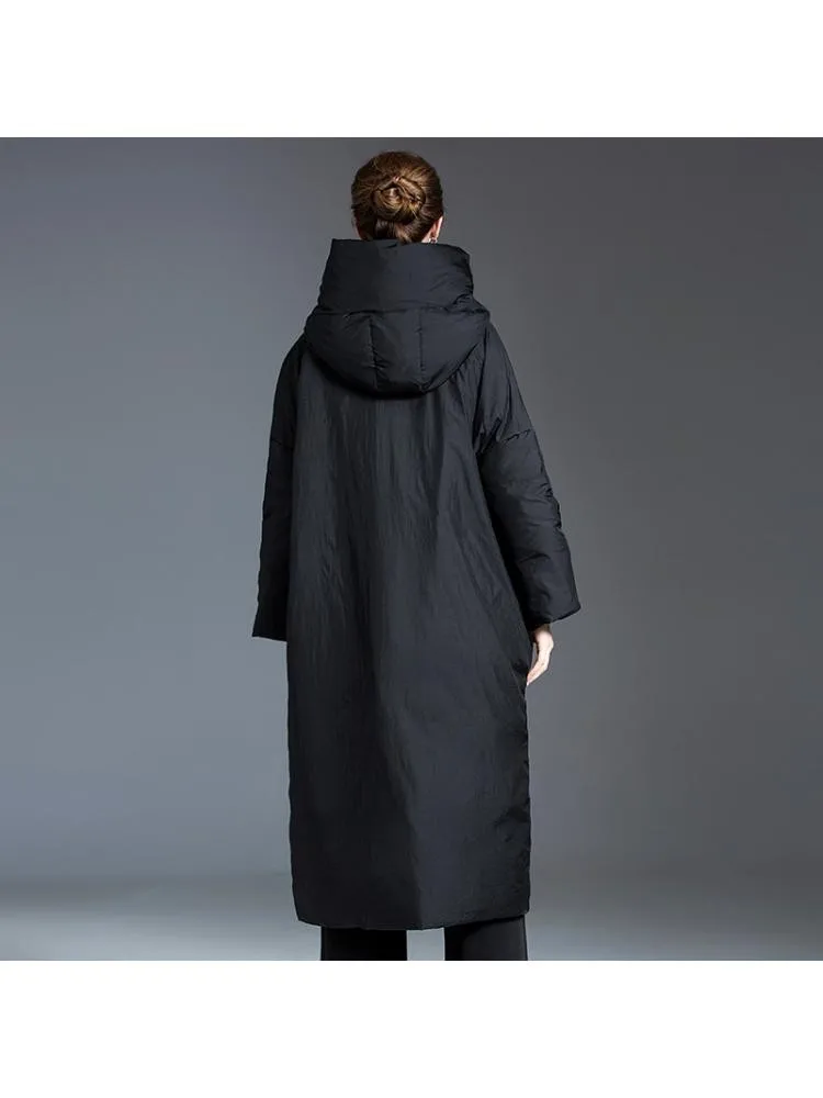 2022 Winter Korean Version Long Thicked Hooded 90 White Duck Down Coats Women High End Loose Black Warmer Bread Cloth Jackets