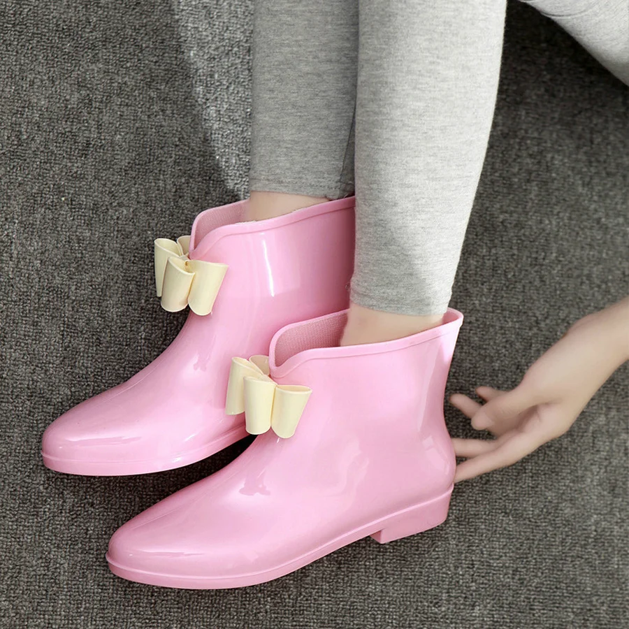 

Bowtie Ankle Rain Boots Women Low Heels Non-slip Glossy Waterproof PVC Woman Water rainshoes round toe Fashion rubber galoshes
