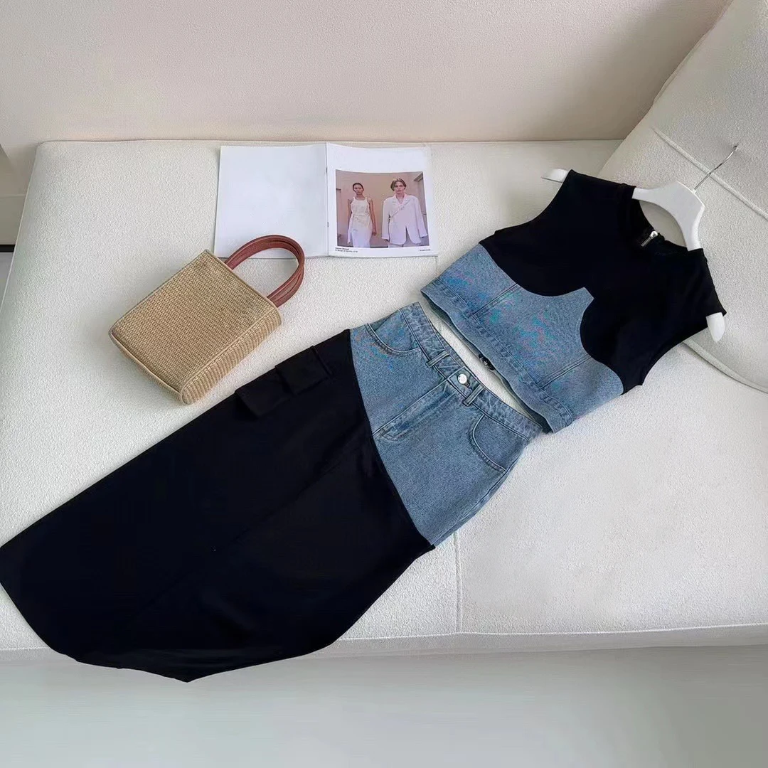 

Denim Skirts Sets For Women Summer New Suit Tank Top With Straight Skirt Two Pieces Patchwork Cute Young