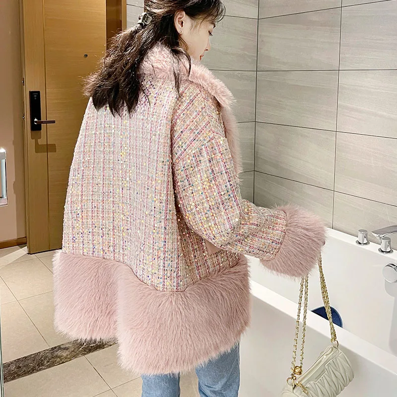 Faux Fur Coat Women 2022 Winter Patchwork Sequins Long Tweed Jackets Female Casual Elegant Loose Turn Down Collar Pink Outwear