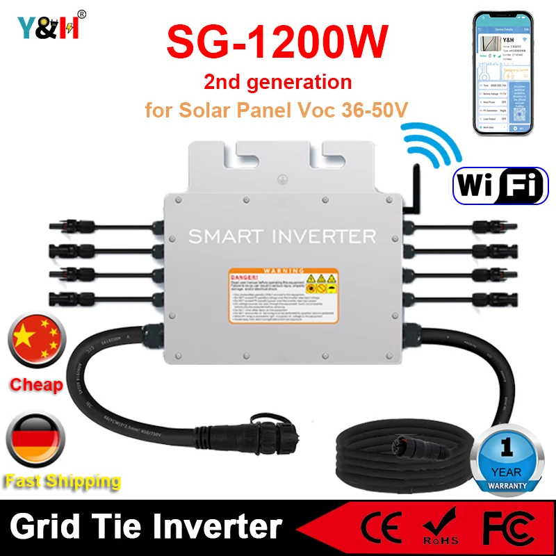 

Y&H 1200W Grid Tie Micro Inverter with WIFI Communication Waterproof MPPT Stackable DC30-60V Solar Input for 30V 36V PV Panel