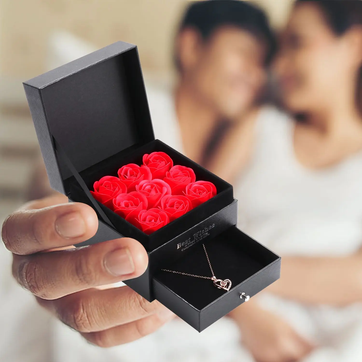 

Valentine's Day Gift 100 Languages Christmas Eternal Preserved Rose Flower Gift Box Handmade with Projection Necklace