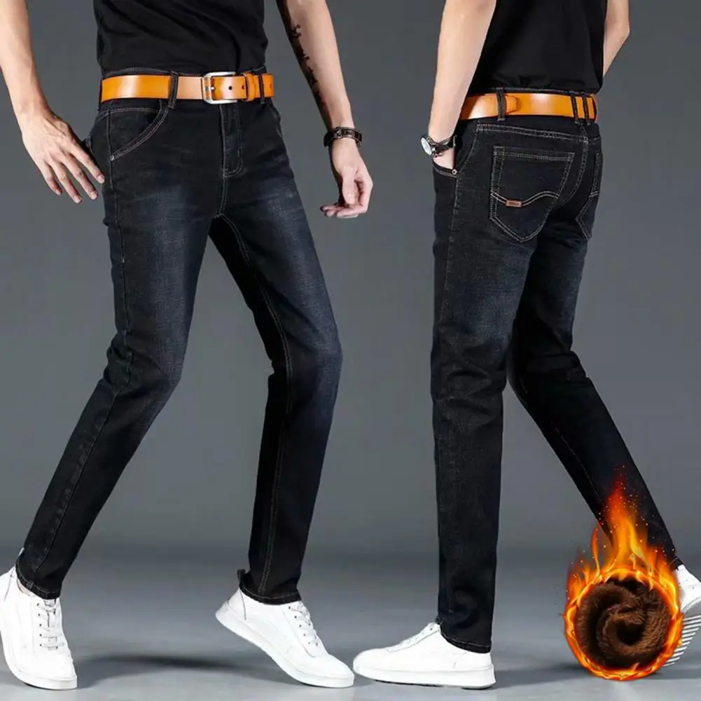 

Chic Men Winter Jeans Solid Color Winter Jeans Elastic Casual Men Winter Jeans Warm