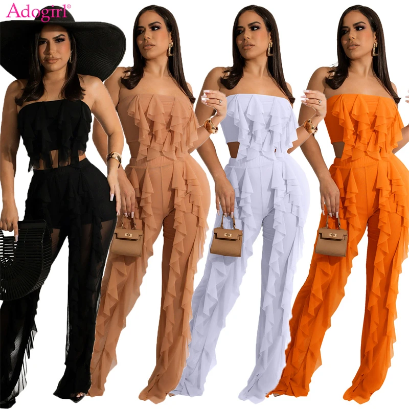 Adogirl 2022 Summer Beach Two Piece Set Ruffles Strapless Crop Top Sheer Mesh Pants with Panties Women Sexy Holiday Suit