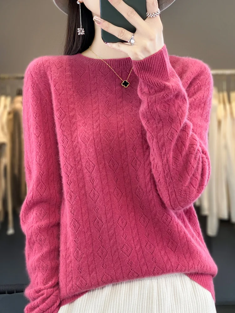 

Autumn Winter 100% Merino Wool Sweater Women Pullovers O-Neck Hollow Long Sleeves Cashmere Knitted Pulls Korean Fashion Casual