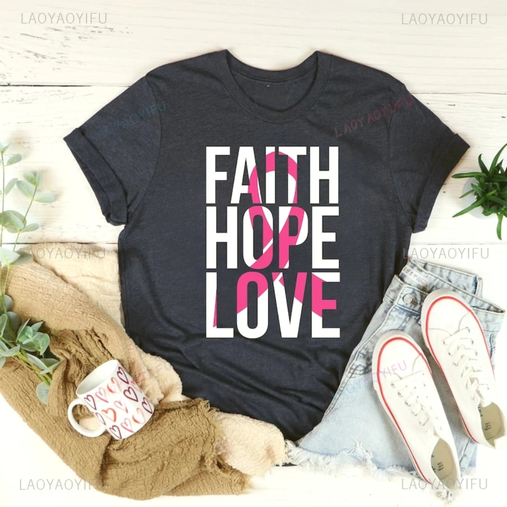 Фото Рубашка с розовой лентой Faith Hope Love Футболка с истребителем рака молочной железы Женская футболка Повседневная жизнь Повседневные хлопковые футболки №4