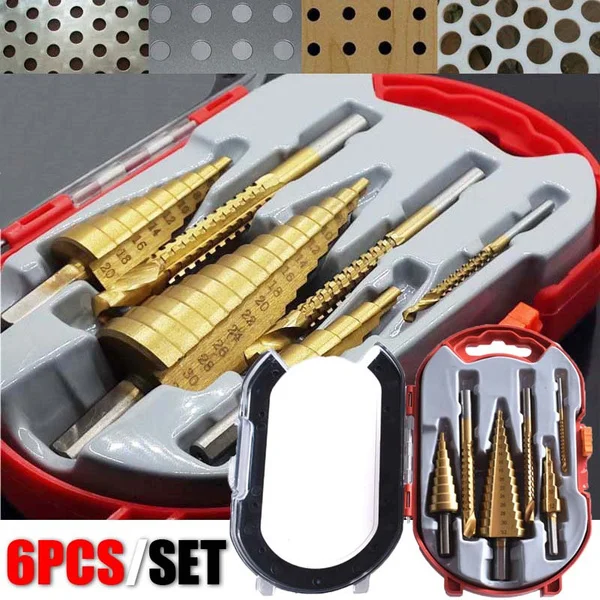 

Набор ступенчатых Сверл из быстрорежущей стали и титана, 6 шт., 4-12/20/32 мм, резак для металлических отверстий, конусный инструмент для сверлени...