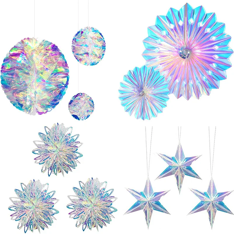 Iridescent Foil Honeycomb Ornament Star Hanging Decor Folding Fan Rainbow Bridal Shower Wedding Frozen Birthday Party Decoration