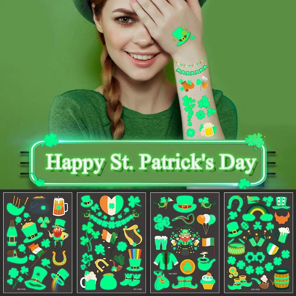 

Зеленая одноразовая временная татуировка, День Св Патрика, Ирландская светящаяся наклейка, тату-наклейка в стиле Св Патрика, временные тату...
