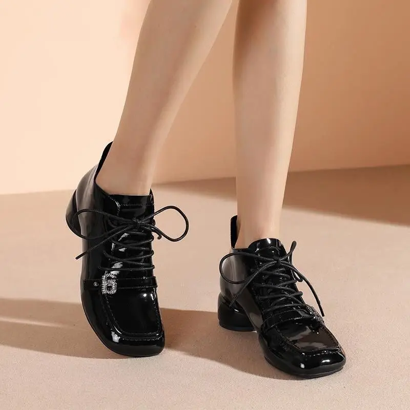 

Footwear Lace-up Rhinestone Women's Ankle Boots Elegant with Medium Heels Booties Laces Short Shoes for Woman Black Spring 2023