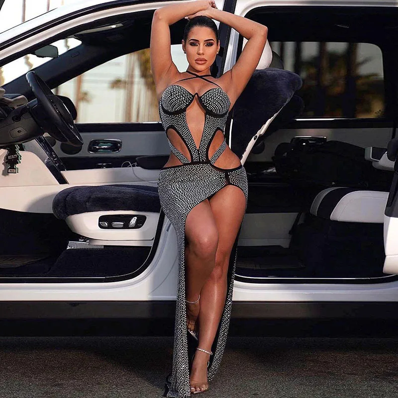 

Sexy Glitter Rhinestones Party Evening Dresses for Women Nightclub Celebrity Maxi Dress Elegance Cut Out Sheer Split Long Dress