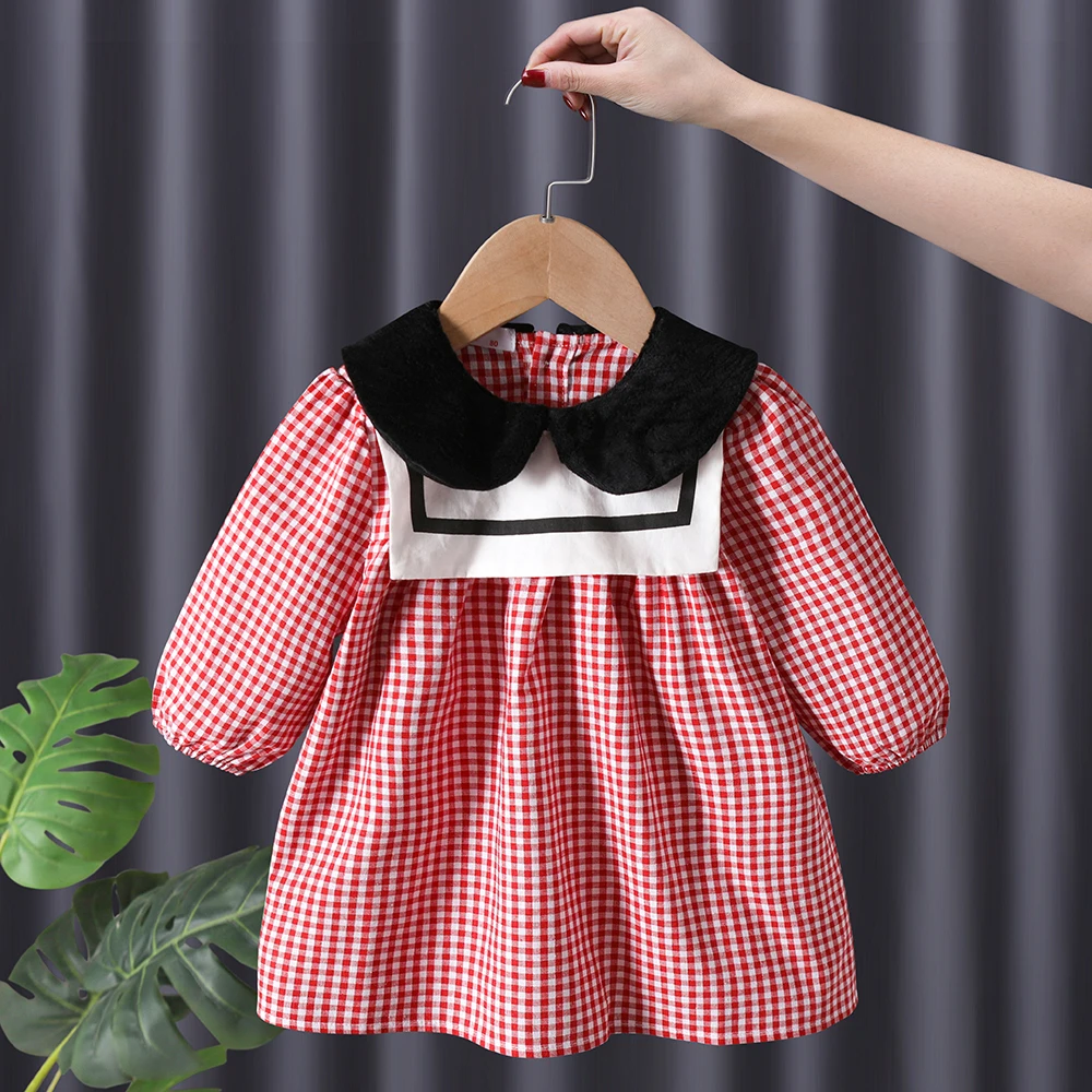 Платье детское клетчатое с оборками мягкая хлопковая одежда воротником-стойкой