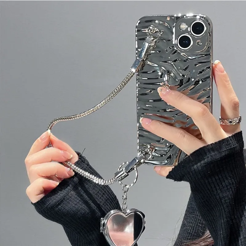 

Luxury Silver Tin Foil Pleats Chain Phone Case For IPhone 13 Pro Max 11 12 XR XS X Love Heart Flip Makeup Mirror Silicone Cover