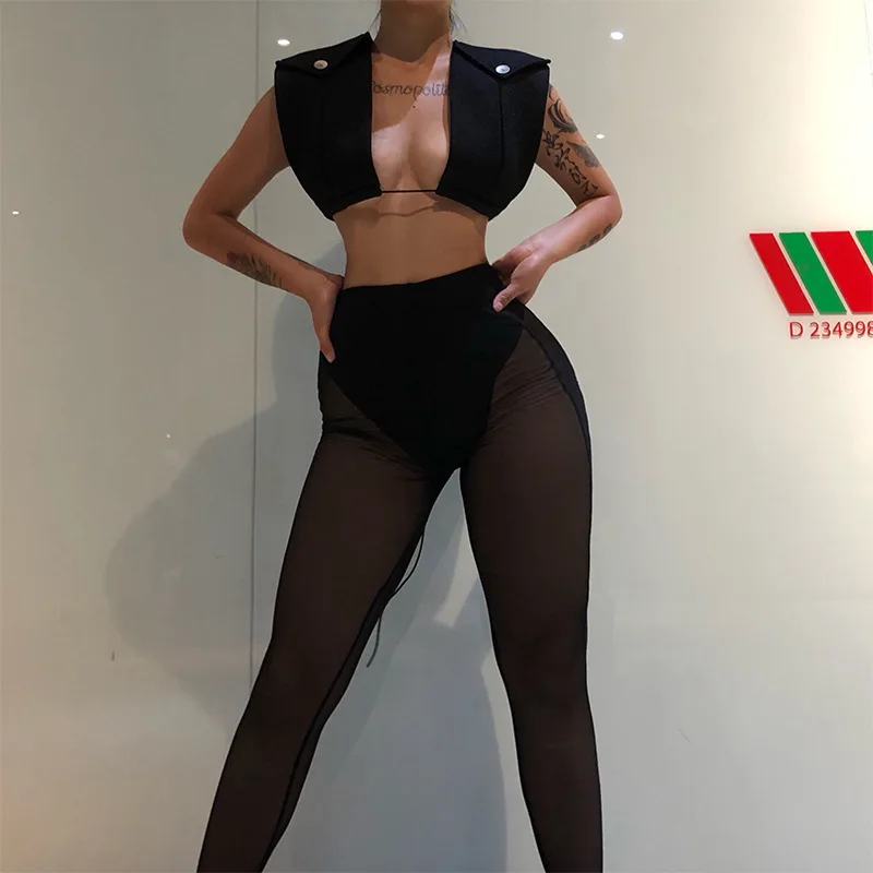

Women Sexy Deep V Neck Loose Vest Crop Top + Sheer Mesh Pants Suits Club Party Two Piece Set Outfits y2k Summer Short Tracksuit