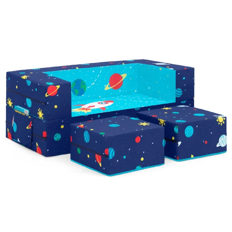 

Convertible Sofa and Play Set for Toddlers and Kids – Modular Foam Couch and Flip Out Lounger with 2 Ottomans, Spaceship
