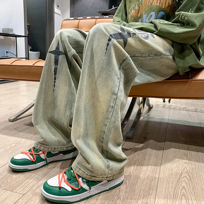 New Men's Retro Jeans Neutral Wide Leg Denim Trousers Loose Straight Men Jeans Man Jeans Pants for Boy Casual Baggy Hip Hop 2022